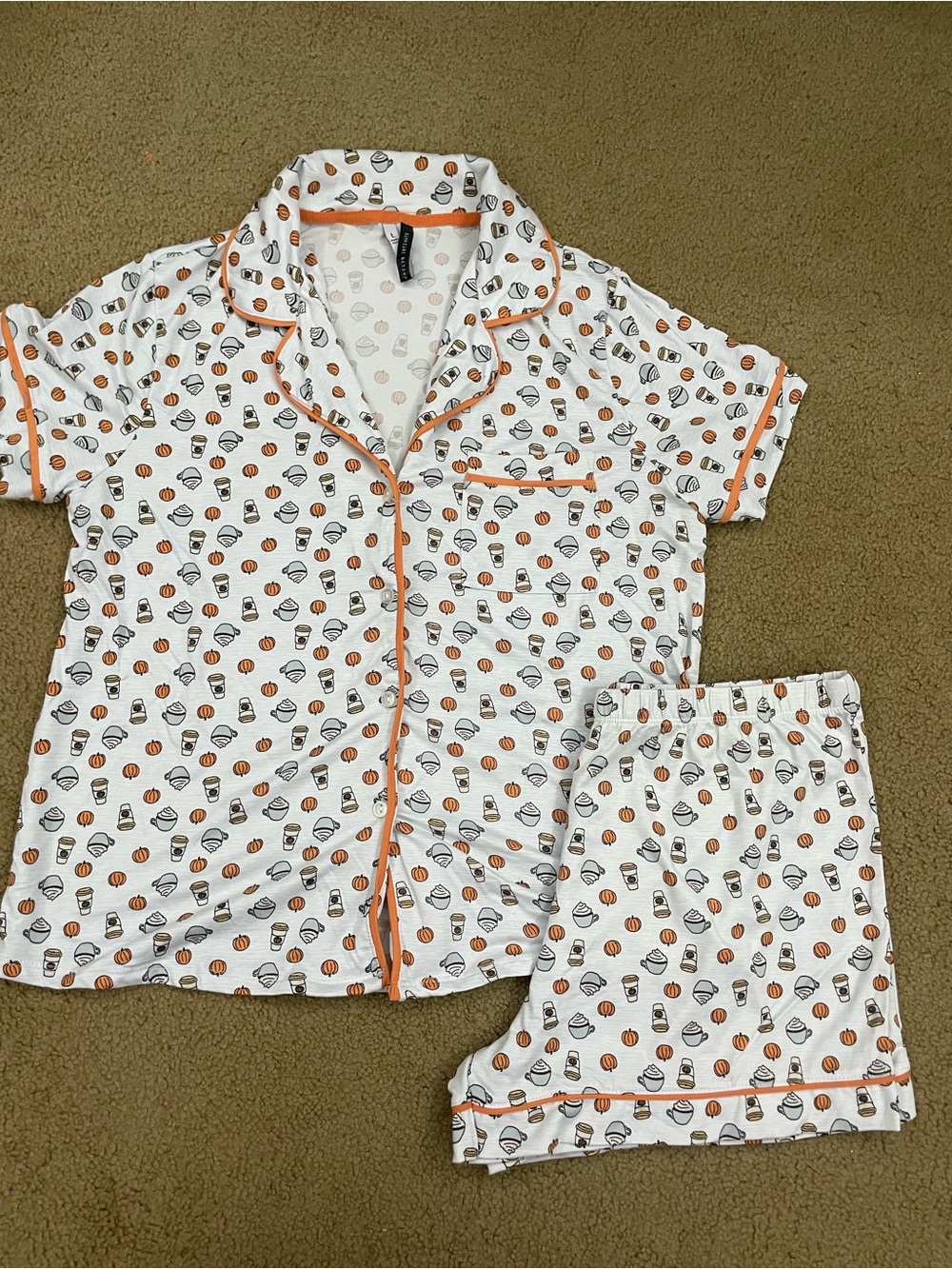 Women’s White and Orange pumpkin spice latte print Pajama Set